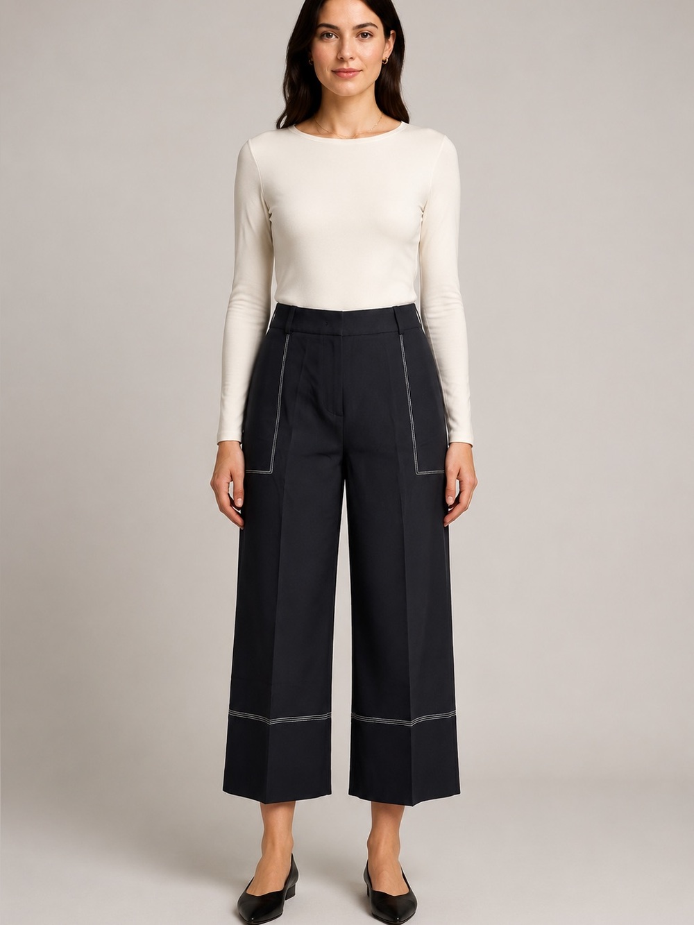 Ermanno Scervino IT 38 US 2 Contrast Stitch Cropped Wide Leg Pants